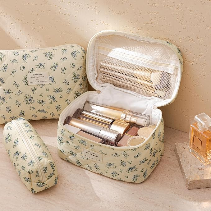 HBselect Quilted Makeup Bag, 3Pcs Cotton Large Travel Makeup Bags Organizer | Cute Floral Make up Bag Cosmetic Bag Toiletry Bag for Women Girls, Makeup Pouch for Skincare, Brushes & Travel Essentials