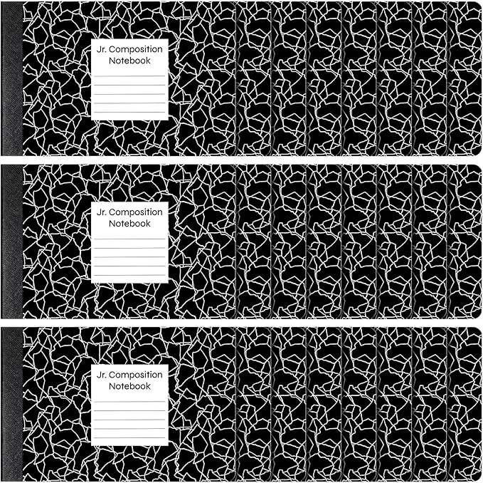 Resurhang 24 Pcs Jr. Composition Notebooks Colored Marble Half Size 4-7/8 x 7-1/2 Inches Composition Notebook 80 Sheet Marble Wide Ruled Assorted Primary Cover Notepad Bulk (Black)