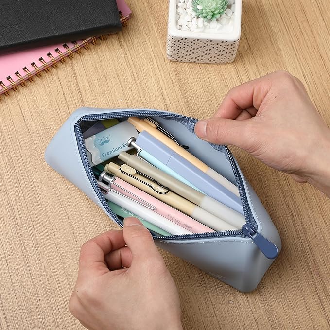 Mr. Pen- Silicone Pencil Case Pouch, Muted Blue, Aesthetic Triangular Design, Multipurpose, Aesthetic Pencil Case Small, Silicone Makeup Bag, Back to School Supplies