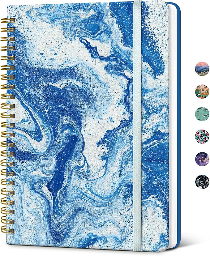 Taja Spiral Lined Journal for Women, Notebook for Work with Pretty Cover, 140 College Ruled Pages, Hardcover Notebook for Journaling, Note Taking, Bible Study, Ocean Marble