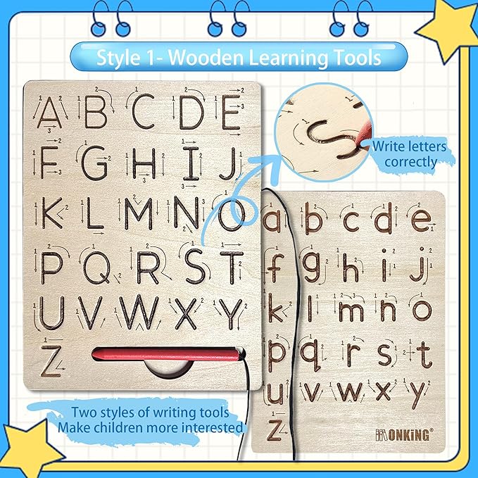 Large Handwriting Magic Grooved Practice Copybook Set: 5-Pack with Wooden Alphabet Tracing Board, Reusable Letter Learning Kit for Kid Age 3-8, Ideal for Kindergarten and Preschool Calligraphy Control