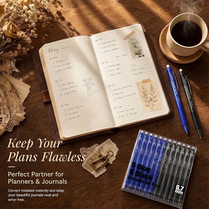 sunacme Retractable Erasable Gel Pens, 6 Black & 6 Blue Fine Point Erasable Pens Clicker, Make Mistakes Disappear, Perfect for Drawing, Writing, Planner & Crossword Puzzles (0.7mm, Pack of 12)