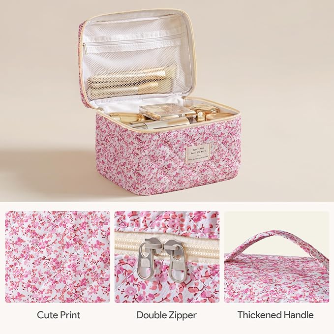 HBselect Quilted Makeup Bag, 3Pcs Cotton Large Travel Makeup Bags Organizer | Cute Floral Make up Bag Cosmetic Bag Toiletry Bag for Women Girls, Makeup Pouch for Skincare, Brushes & Travel Essentials