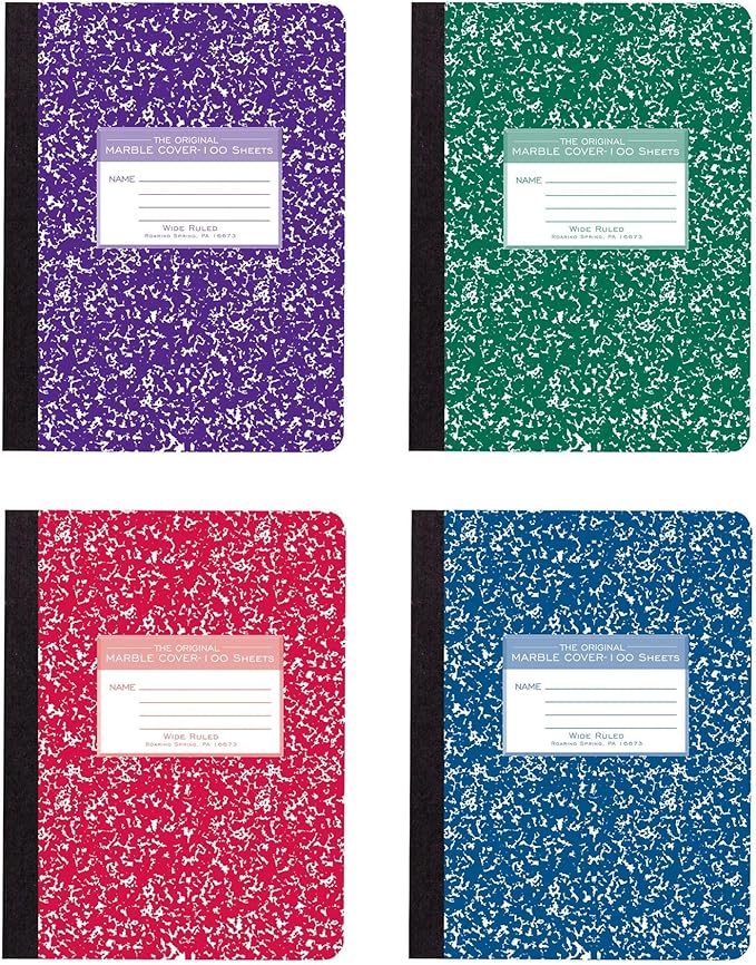 ROARING SPRING Colored Composition Notebooks, 48-Pack, Wide Ruled, 100 Sheets, 15# White Paper, 9.75"x7.75", Hard Board Marble Covers in Purple, Green, Red and Blue