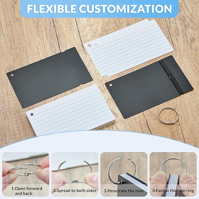 NEEWAY Ruled Index Cards with Ring 3x5 Inches, 200 Count Note Cards Lined, Flash Cards with Rings for Studying, Home and Office (Black)