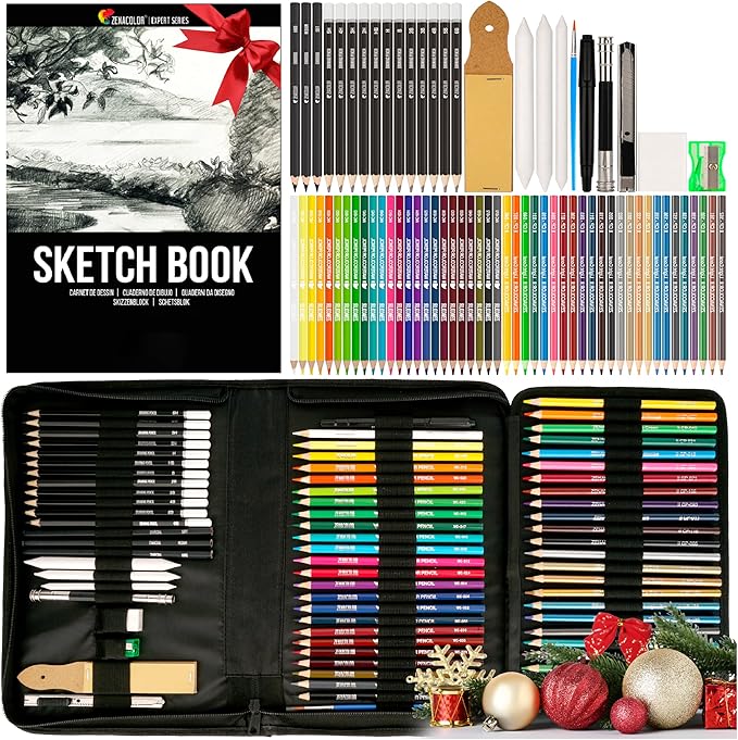 Zenacolor 74 Pack Drawing Kit with Drawing Pencils - Drawing Set for Sketching, Pro Sketch Art Supplies with Sketch Book, Colored, Graphite, Charcoal, Watercolor & Metallic Pencil for Adults and Kids
