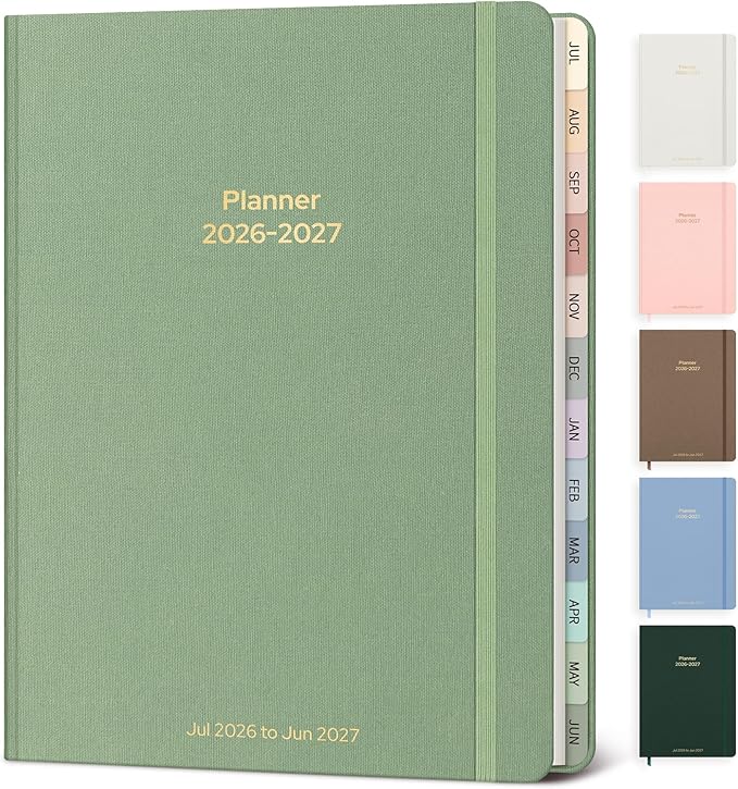 Planner 2026-2027 Monthly and Weekly Academic Planner July 2026 - June 2027, Linen Hardcover Agenda 2026-2027 Calendar Daily Planner for Student Teacher with Monthly Tabs, 6" x 8.3", Cream Green