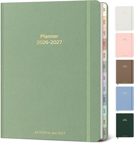 Planner 2026-2027 Monthly and Weekly Academic Planner July 2026 - June 2027, Linen Hardcover Agenda 2026-2027 Calendar Daily Planner for Student Teacher with Monthly Tabs, 6" x 8.3", Cream Green