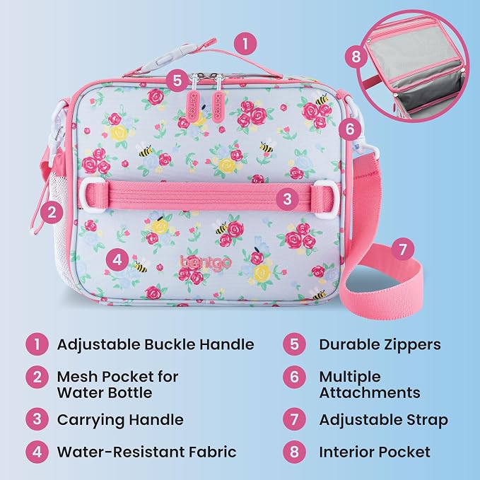 Bentgo Kids Prints Double-Insulated Reusable Lunch Bag | For Kids 3+, Adjustable Strap; Holds Lunch Box/Water Bottle/Snacks; Easy-Clean, Water-Resistant, Pocket (NEW Blooming Floral)
