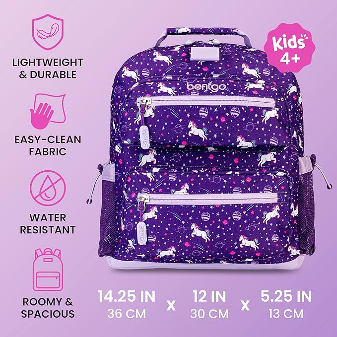Bentgo Kids Backpack - Lightweight 14” Backpack in Fun Prints for School, Travel, & Daycare, Ideal for Ages 4+, Roomy Interior, Durable & Water-Resistant Fabric, & Loop for Lunch Bag (Unicorn)