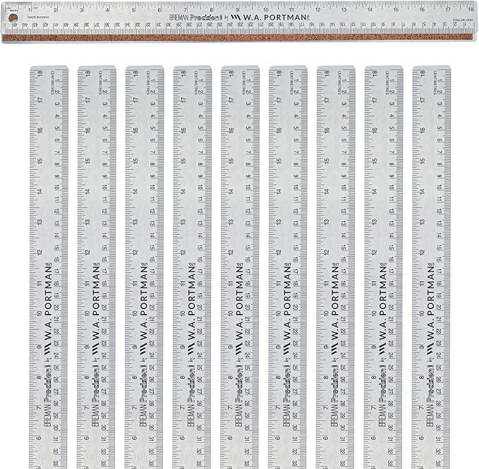 Breman Precision Metal Ruler 18 Inch Cork Back – 10 Pk Stainless Steel Straight Edge, Flexible Non-Slip Metal Ruler with Cork Backing – Imperial & Metric for Crafting, School, Workshop & Home Use