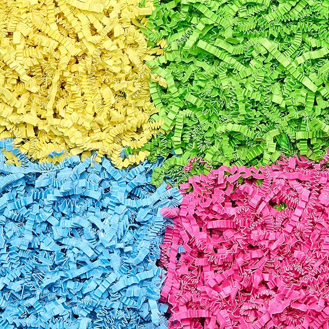 FRILLZ by DECOfill™ Easter Grass Variety Pack - 4 Colors - Crinkle Cut Paper - Basket Filler - Green, Blue, Hot Pink, Yellow- Recycled Material - Non-Toxic Dyes - 25 oz Total - Made with US materials