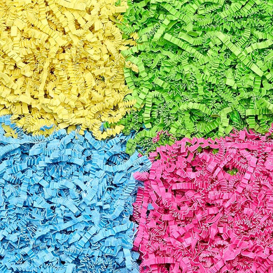 FRILLZ by DECOfill™ Easter Grass Variety Pack - 4 Colors - Crinkle Cut Paper - Basket Filler - Green, Blue, Hot Pink, Yellow- Recycled Material - Non-Toxic Dyes - 25 oz Total - Made with US materials
