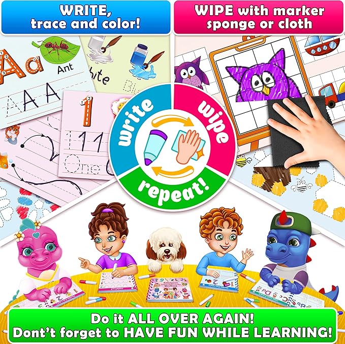 Curious 2 Learn Hardcover Preschool Activity Workbook for Kids Ages 3–5 – 32 Montessori Learning Activities with 9 Markers – ABC, Numbers, Colors & Shapes – Educational Gift for Boys & Girls