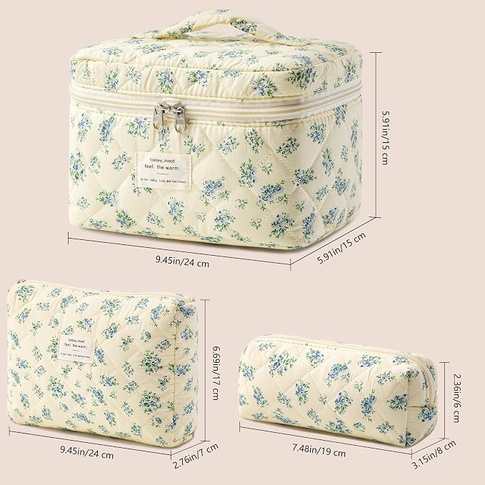 HBselect Quilted Makeup Bag, 3Pcs Cotton Large Travel Makeup Bags Organizer | Cute Floral Make up Bag Cosmetic Bag Toiletry Bag for Women Girls, Makeup Pouch for Skincare, Brushes & Travel Essentials