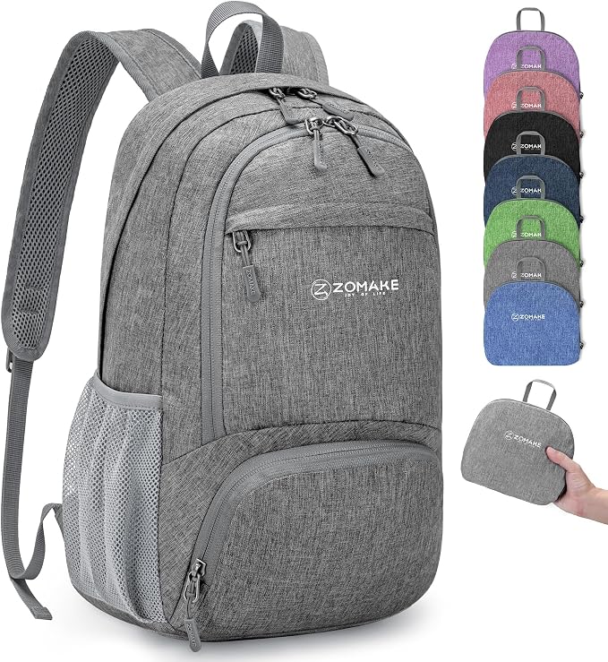 ZOMAKE Lightweight Packable Backpack, 20L Small Foldable Daypack for Hiking | Water Resistant Collapsible Backpacks for Women Men, Everyday Carry, Multi Compartment Storage, Adjustable Strap(Grey B2)