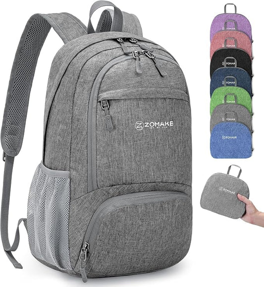 ZOMAKE Lightweight Packable Backpack, 20L Small Foldable Daypack for Hiking | Water Resistant Collapsible Backpacks for Women Men, Everyday Carry, Multi Compartment Storage, Adjustable Strap(Grey B2)