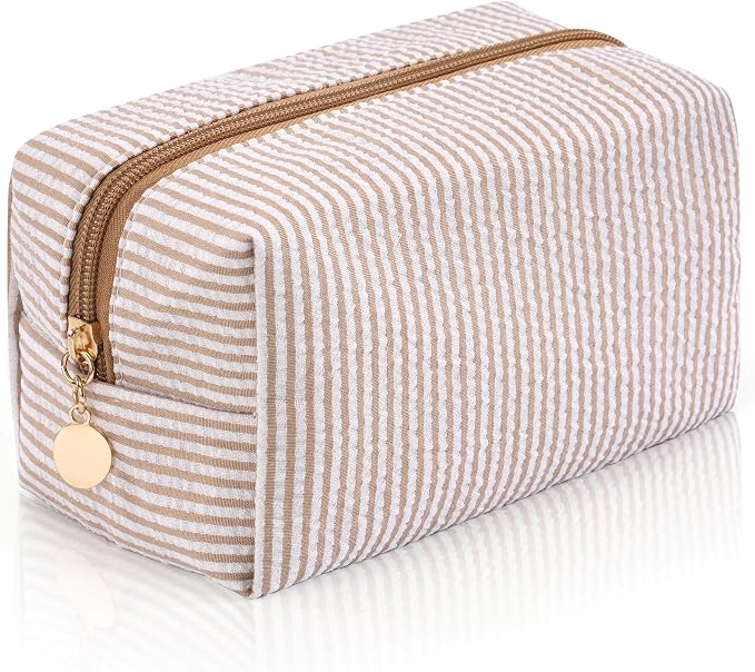 Makeup Bag Travel Toiletry Bag for Women, Small Cosmetic Bags Cute Brown Stripe Aesthetic Organizer Makeup Pouch for Purse Emergency Bag Pencil Case Accessory Bag