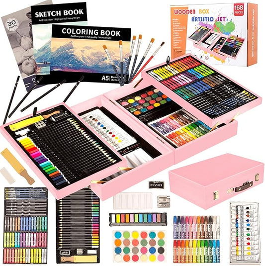 KINSPORY 168 Pack Wooden Art Set, Deluxe Painting Drawing Kit with 3 Coloring Books, Oil Pastels, Watercolor Paints, Art Crafts Supplies, Creative Gift for Beginners, Kids, Boys, Girls & Artists