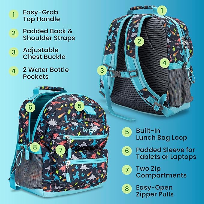 Bentgo Kids Backpack - Lightweight 14” Backpack in Fun Prints for School, Travel, & Daycare, Ideal for Ages 4+, Roomy Interior, Durable & Water-Resistant Fabric, & Loop for Lunch Bag (Dinosaur)