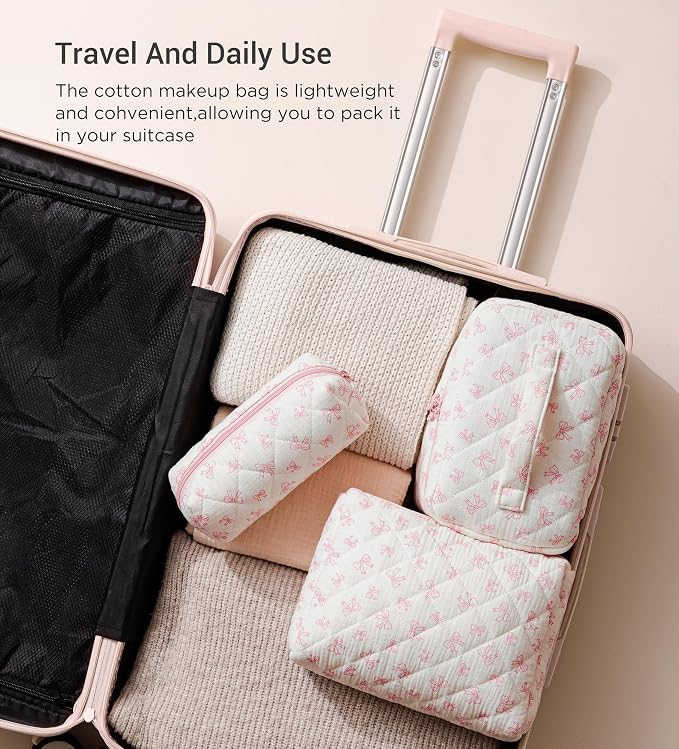 HBselect Quilted Makeup Bag, 3Pcs Cotton Large Travel Makeup Bags Organizer | Cute Floral Make up Bag Cosmetic Bag Toiletry Bag for Women Girls, Makeup Pouch for Skincare, Brushes & Travel Essentials