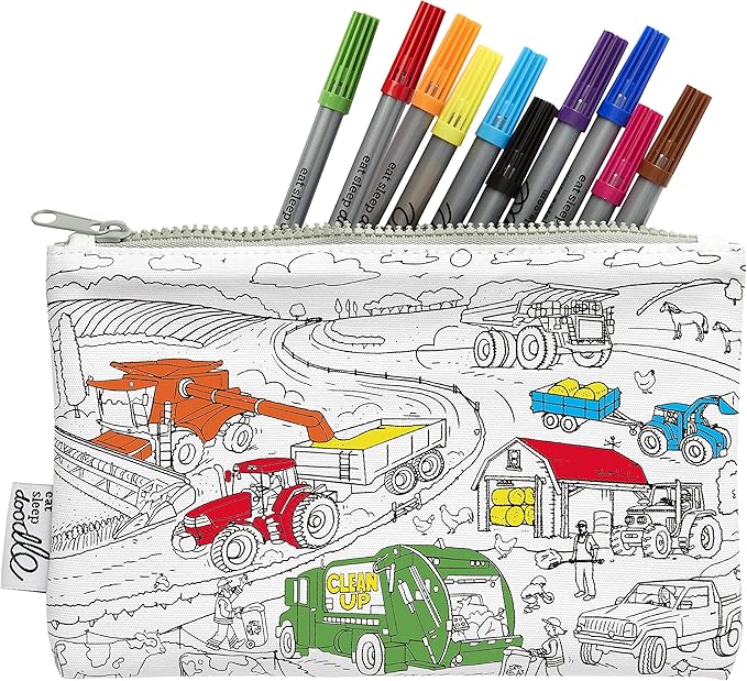 eatsleepdoodle DIY Coloring Cars & Tracktors Pencil Case for Kids with 10pcs Washable Markers, Reusable Art Supply Organizer, Fun Arts & Crafts Activity for Boys & Girls, Creative Gift Idea for Ages