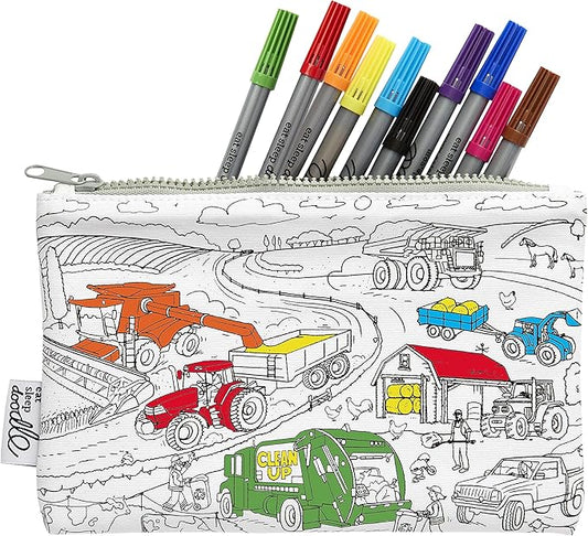 eatsleepdoodle DIY Coloring Cars & Tracktors Pencil Case for Kids with 10pcs Washable Markers, Reusable Art Supply Organizer, Fun Arts & Crafts Activity for Boys & Girls, Creative Gift Idea for Ages