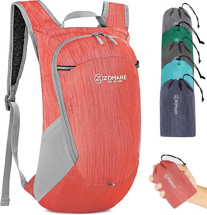 ZOMAKE Lightweight Packable Backpack, 18L Small Foldable Daypack for Hiking | Water Resistant Collapsible Backpacks for Women Men, Everyday Carry, Multi Compartment Storage, Adjustable Strap(Red)