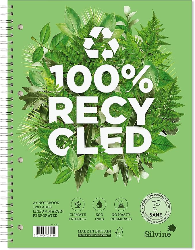 Silvine A4+ Premium Recycled Wirebound Notebook, Lined with margin, 120 pages of 100% Recycled Paper. Ref R102