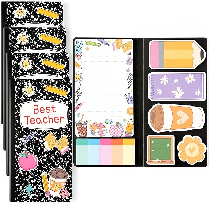 B1ykin Best Teacher Sticky Notes Set - Black Composition Line Teacher Self-Stick Notes Pad, 550 Sheets Writing Memo Pages Sticky Notepad for Teacher Appreciation Gifts, School Office Supplies (4Pcs)
