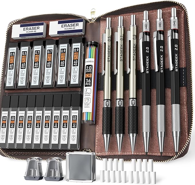 STAGEEK Mechanical Pencil Set with Leather Bag 30 Count, Drawing Pencils 0.5, 0.7, 0.9MM & 3PCS 2MM Sketching Pencils with 464PCS Lead Refills (6B 4B 2B HB 2H 4H Color) for Artist Drafting Drawing