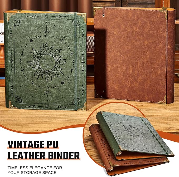 Ovesmusl PU Leather 3 Ring Binder Fits 8.5"x11" Letter Size Paper, 1.5 Inch Round Ring Binder Holds 350 Sheets, Notepad Paper Cover Loose Leaf Organizer, Brown Sun