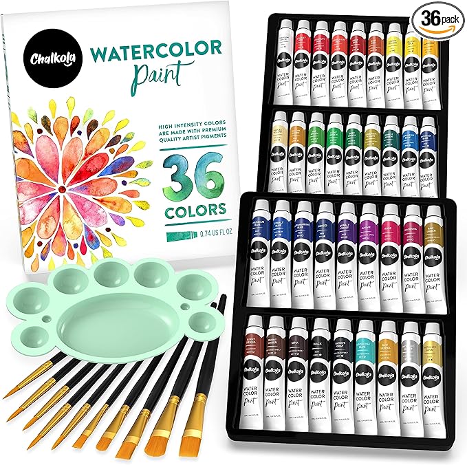 Chalkola Watercolor Paint Set for Adults & Professional Artists - 36 Watercolor Tubes Set (12ml, 0.4oz), 10 Painting Brushes & 1 Palette | Vibrant Water Color Art Painting Supplies