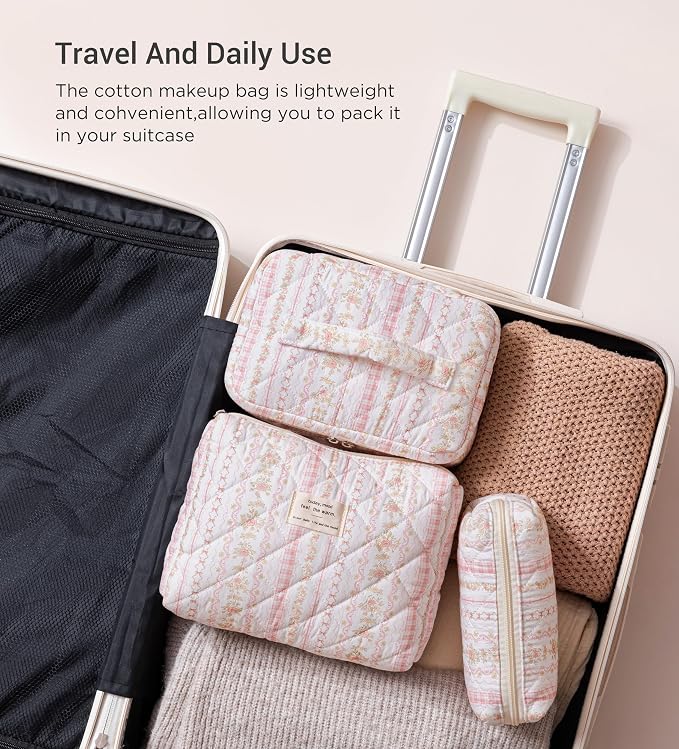 HBselect Quilted Makeup Bag, 3Pcs Cotton Large Travel Makeup Bags Organizer | Cute Floral Make up Bag Cosmetic Bag Toiletry Bag for Women Girls, Makeup Pouch for Skincare, Brushes & Travel Essentials