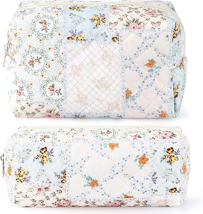 URSKYTOUS 2Pcs Cotton Quilted Makeup Bag for Women Girls Coquette Small Floral Cosmetic Bags Cute Zipper Pencil Pouch Aesthetic Makeup Pouch Trendy Cloth Bee&Flower Travel Toiletry Skincare Bag