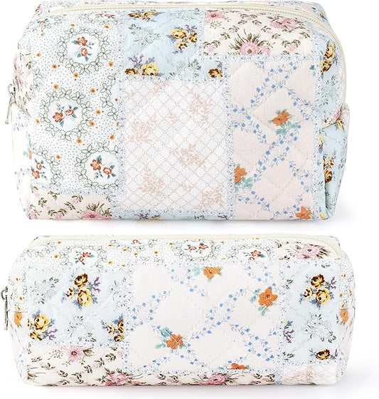 URSKYTOUS 2Pcs Cotton Quilted Makeup Bag for Women Girls Coquette Small Floral Cosmetic Bags Cute Zipper Pencil Pouch Aesthetic Makeup Pouch Trendy Cloth Bee&Flower Travel Toiletry Skincare Bag