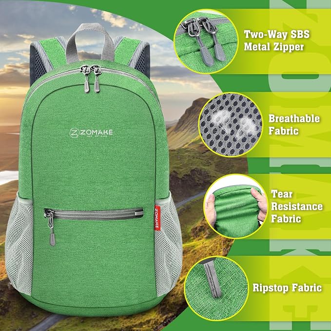 ZOMAKE Lightweight Packable Backpack, 10L Small Foldable Daypack for Hiking | Water Resistant Collapsible Backpacks for Women Men, Everyday Carry,Multi Compartment Storage,Adjustable Strap(Dark Green A5)