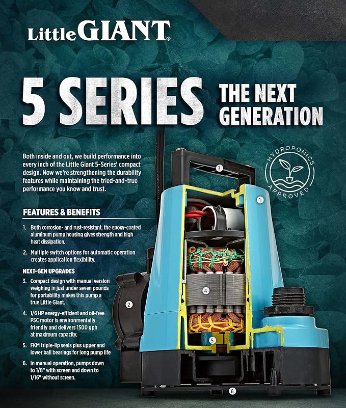 Little Giant 5-MSP 115V, 1/6 HP, 1500 GPH Manual Utility Pump, 25' Cord | Manual Submersible Utility Pump, 1500 GPH, Aluminum Housing, No Float Switch, 25-Foot Cord, 115V, Model 5-MSP