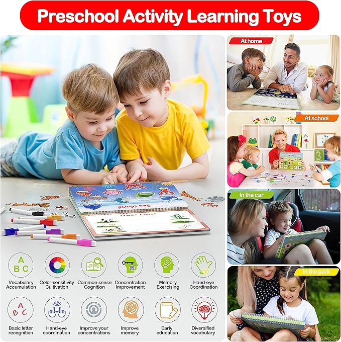 WJPC 53 Designs Busy Book for Toddlers 1,2,3,4,5,6 Years. Preschool Learning Busy Board Kids Boys&Girls Quiet Montessori Toddler Activity Book, Tracing Coloring Book