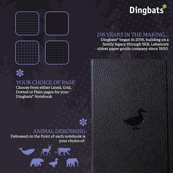 Dingbats* Wildlife Dotted Writing Journal Notebook A5 - Vegan Leather Hardcover - Ideal for Work, Travel - Pocket, Elastic Closure, & Bookmark