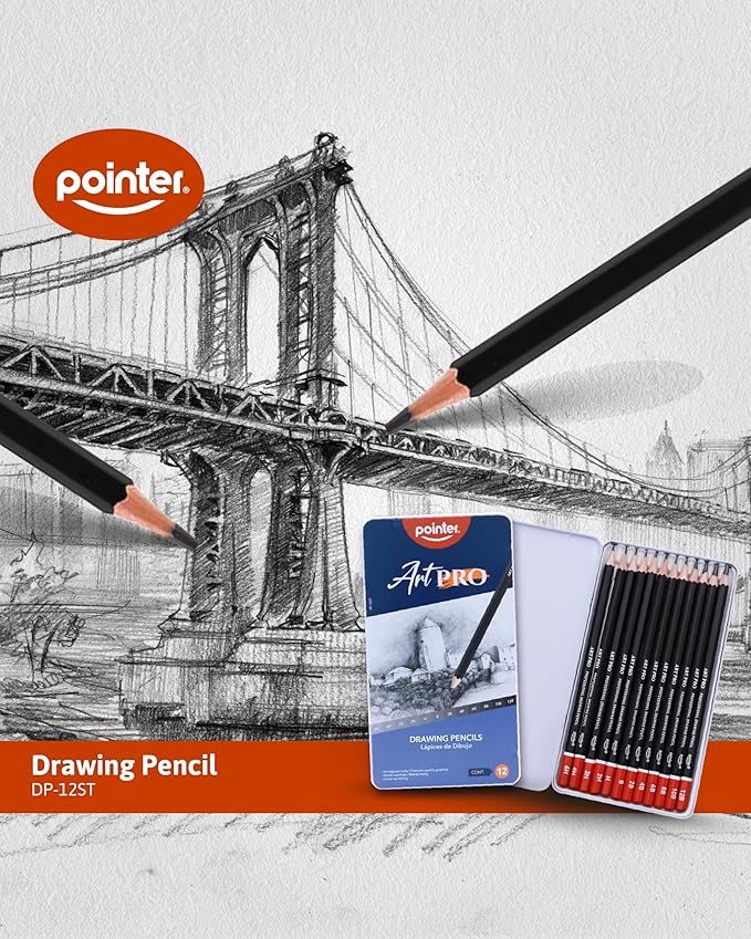 Pointer Art Pro Drawing Pencils Set, 12 Graphite Pencils 6H-12B, Professional Artist Sketching Kit