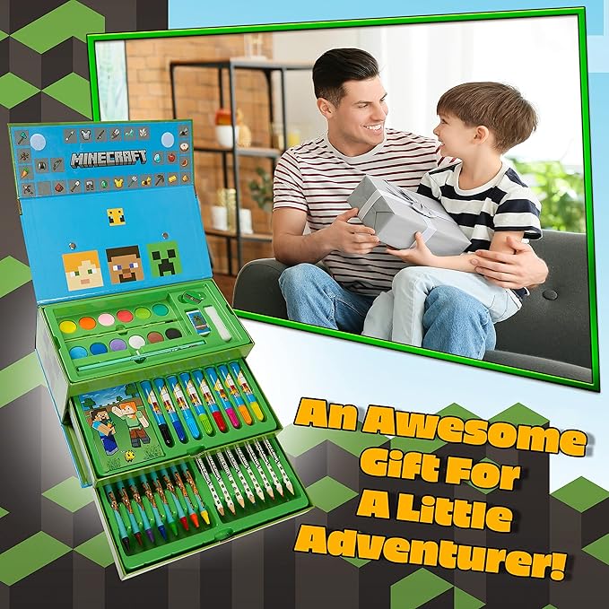 Minecraft Colored Pencils Art Supplies Set Crayons Watercolor Paints Colored Markers Coloring Drawing Kit Creeper Art Set Case Gamer Gifts for Boys