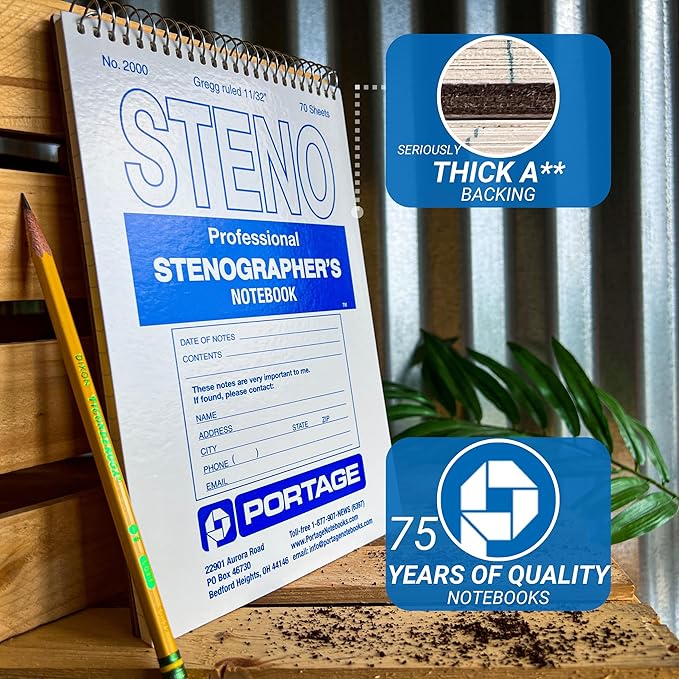 Portage Steno Notebook | 6" x 9" With Ultra Thick Backing Perfect For Writing Wherever You Need, 70 Sheets of Quality, Gregg Ruled Paper, Top Spiral Bound