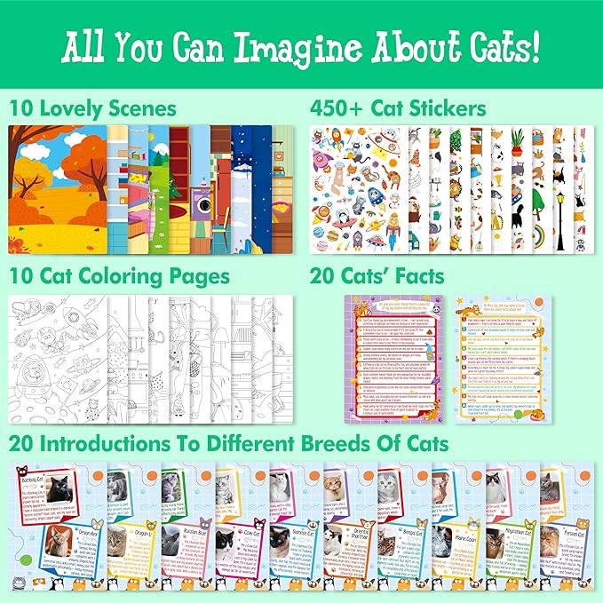 Cat Sticker Activity Book, 450 Reusable Stickers, 10 Dry-Erase Scenes & 10 Coloring Pages, Cat-Themed Activity Book, Educational Hands-on Travel Game - Great for Kids, Adults, Boys & Girls
