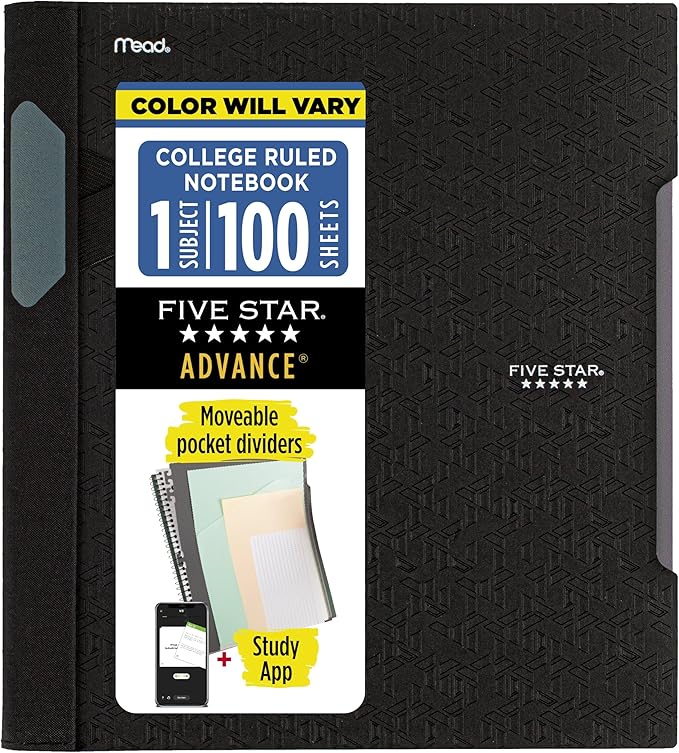Five Star Advance Spiral Notebook + Study App, 1 Subject, College Ruled Paper, 8-1/2" x 11", 100 Sheets, Spiral Guard, Movable Tabbed Dividers, Black (820012A-ECM)