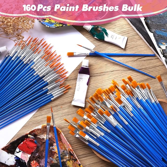 Small Paint Brushes Bulk, 160 Pcs Flat Tip Round Acrylic Paint Brushes for Kids Classroom Acrylic Watercolor Canvas Face Painting Touch Up