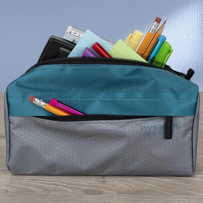 Five Star Pencil Pouch 9-Pocket Zipper Storage Organizer Case for Office Supplies Earbuds Chargers Cables Makeup, Grey/Teal (505600D)
