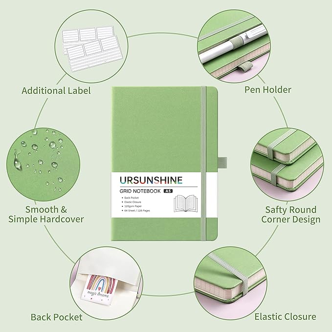 Graph Grid Paper Notebook/Journal - Classic Journal/Notebook with Ribbon Divider, Hardcover with Thick Paper, 5.3" x 8.26", Banded + Pen Holder +Inner Pocket - Light Green