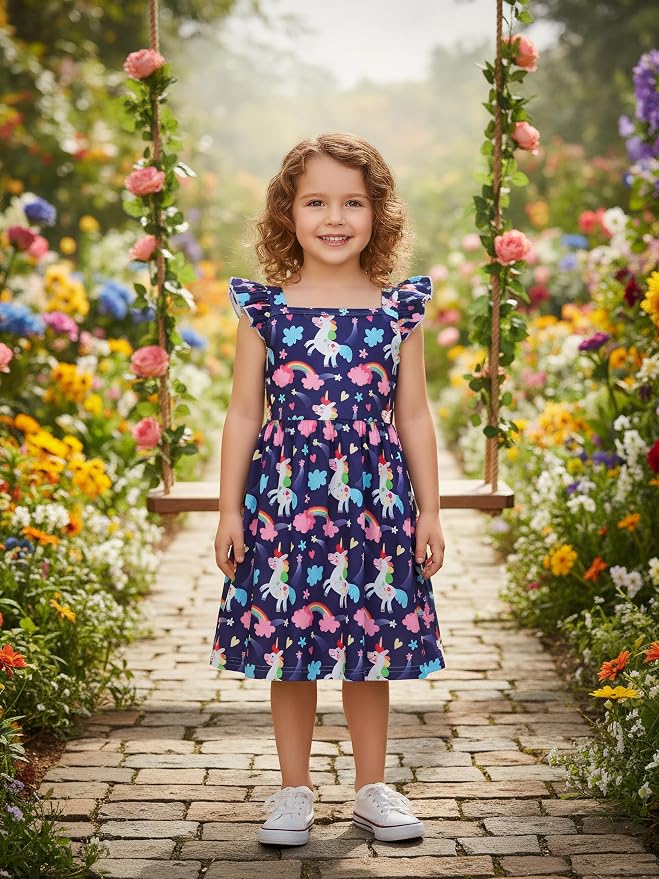 Popshion Girls Dresses Flutter Sleeve Swing Sundress Toddler Summer Clothes Kid Birthday Party Sleeveless Dress 1-8 Years Old