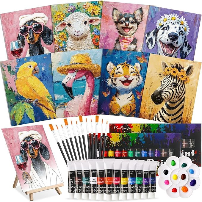 Cholemy 36 Pcs Paint and Sip Kit for Adults 8''x10'' Pre Drawn Canvas for Painting DIY Afro Acrylic Painting Kit Wood Easel Brushes Date Night Bulk for Father's Day Party Gifts(Flower Animals A)